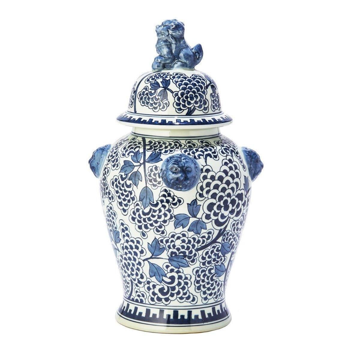 Blue and White Peony Flower Design Porcelain Covered Temple Jar | The Well Appointed House, LLC