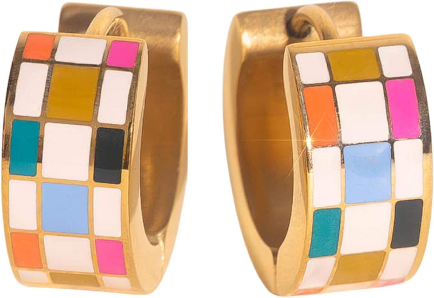Oh Clementine Super Chunky Checkered Huggie Hoop Adjustable Clasp Earrings for Women - 316L Stain... | Amazon (US)