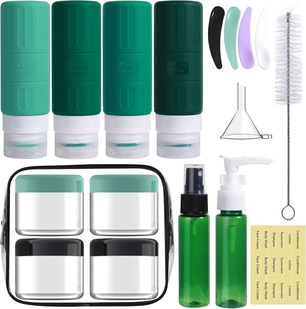 GLAMFIELDS Travel Bottles for Toiletries,TSA Approved 3.3oz Size LeakProof Silicone Toiletry Containers for Shampoo, Conditioner,Easy to Squeeze，Portable Travel Essentials for Lotion(18 Pack) Green | Amazon (US)