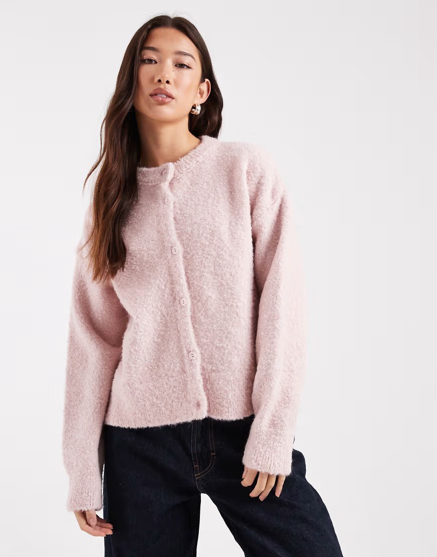 ASOS DESIGN knit boxy cardigan in pink boucle | ASOS (Global)