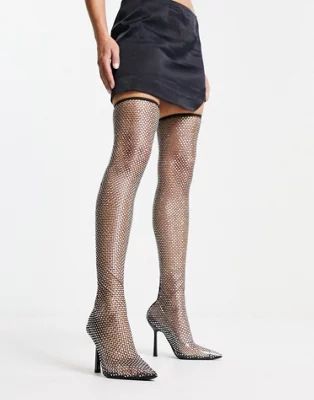 ASOS DESIGN Kenza heeled rhinestone over the knee boots in black | ASOS (Global)