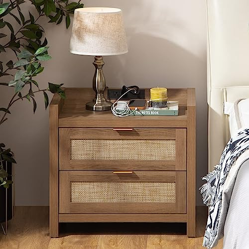 SICOTAS Rattan Nightstand End Table - Night Stand Bedside Table with Type-C Charging Station,2 Drawers Storage - Boho Night Stands for Bedroom - Natural Oak | Amazon (US)