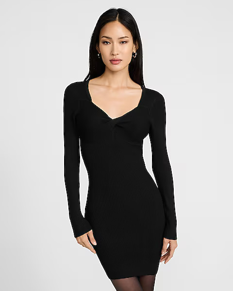 Ribbed Sweetheart Twist Front Mini Sweater Dress | Express