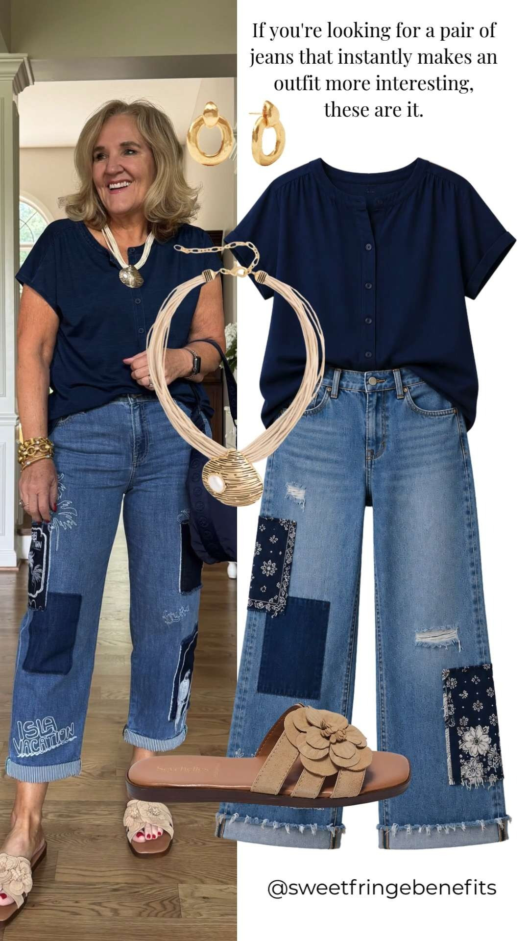The relaxed wide-leg fit is comfortable, flattering, and easy to style with a simple navy top and sandals. The patchwork details add personality without feeling over the top, making these jeans the statement piece that does all the work for you. 🫶🏻

Chicos new arrivals and they’re 40% off! My large raffia tote is excluded.  

 #LTKootd #LTKSeasonal #LTKSaleAlert