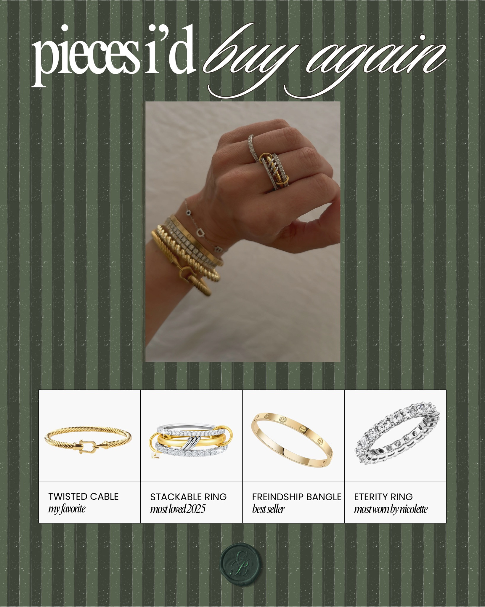 
Pieces I’d buy again — without hesitation.

These are the staples that never miss. The twisted cable bracelet adds instant polish to any stack, the stackable ring is the one I reach for daily, and the friendship bangle is such a timeless classic. And if you love a little sparkle, the eternity ring catches the light in the prettiest way.

They layer beautifully, hold up over time, and elevate even the simplest outfit. If you’re starting (or refining) your jewelry stack, these are the forever pieces.

#PiecesIdBuyAgain #JewelryStack #EverydayGold #TimelessStyle #CapsuleAccessories #WorthTheSpend 

 #LTKSeasonal #LTKBeauty