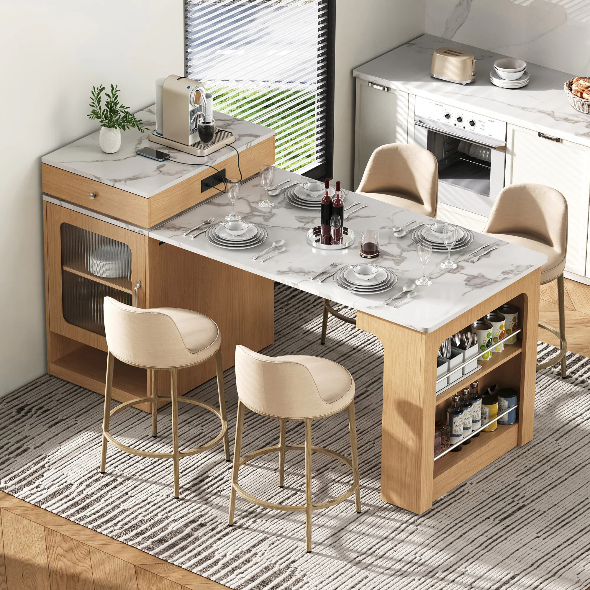 ModernLuxe 59.5inchKitchen Island with Extendable Dining Table Kitchen Storage Table with Doublesided Storage Kitchen Island with 2 Drawers Power | Lowe's