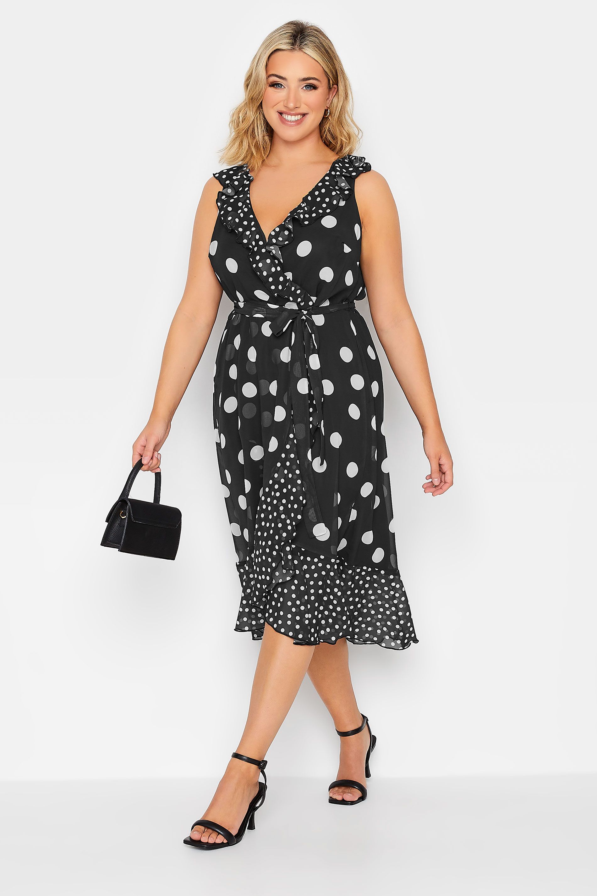 YOURS LONDON Curve Plus Size Black Polka Dot Print Double Ruffle Wrap Dress | Yours Clothing UK