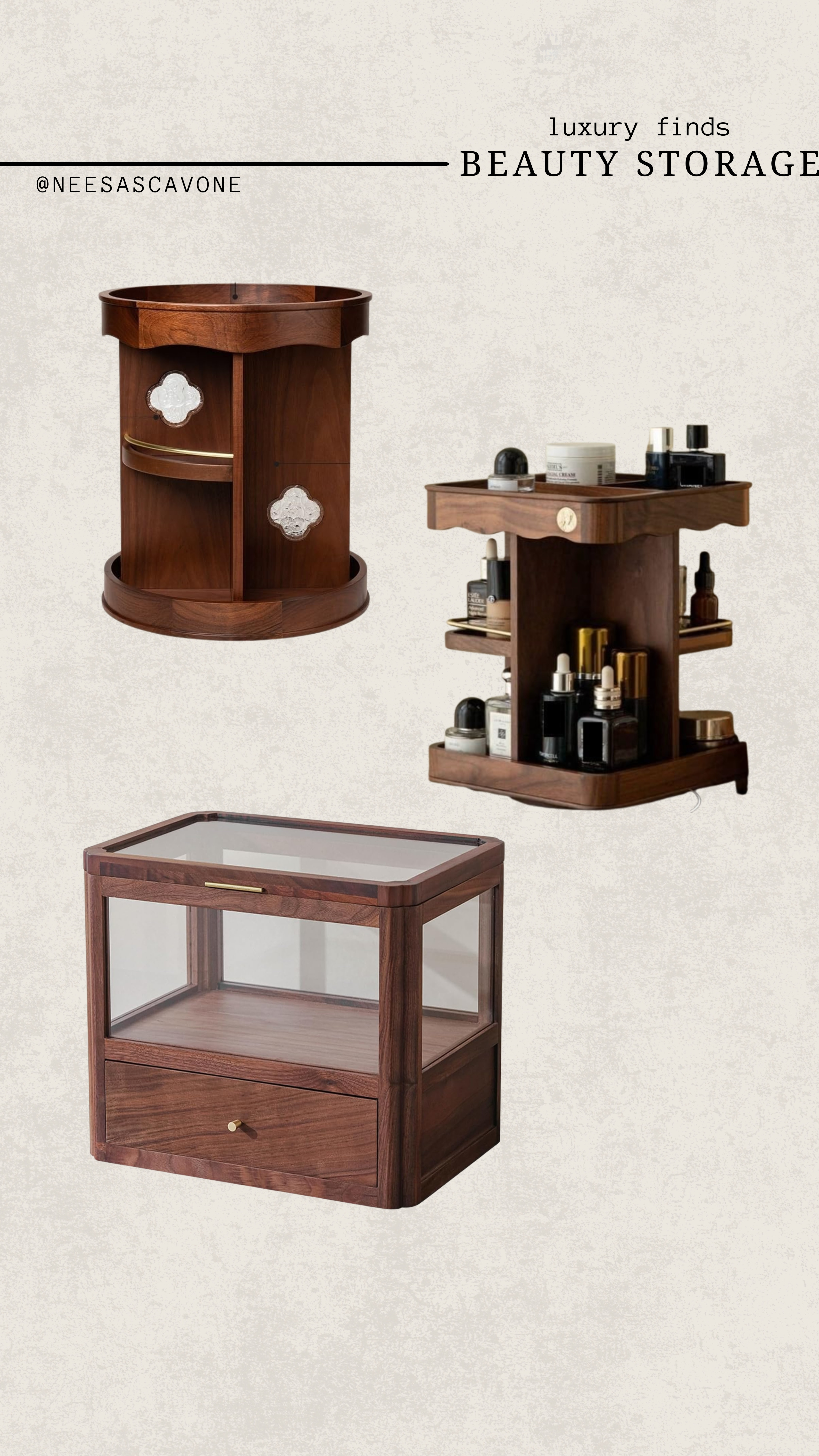 Luxury beauty storage finds that make your bathroom counter feel instantly elevated 🤎 From rotating skincare organizers to glass display cases, these wooden beauty storage pieces are giving high-end vanity aesthetic while keeping everything organized and easy to access. Perfect for perfumes, skincare, makeup, and everyday essentials. ✨ #LTKhome #LTKfinds #beautystorage #luxuryhomefinds #vanityorganization #bathroomdecor #makeuporganization #skincareorganization #luxurydecor #homeorganization #amazonhomefinds #vanitydecor #countertoporganization #beautyroomdecor #neutralhomedecor #wooddecor #organizationideas #aestheticdecor #homefinds #modernhomedecor 

 #LTKMothersDay #LTKselfcare #LTKBeauty