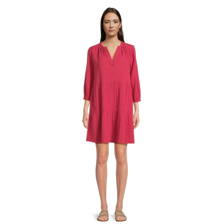 Time and Tru Women's Long Sleeve Tiered Double Cloth Dress, Sizes XS-XXXL | Walmart (US)