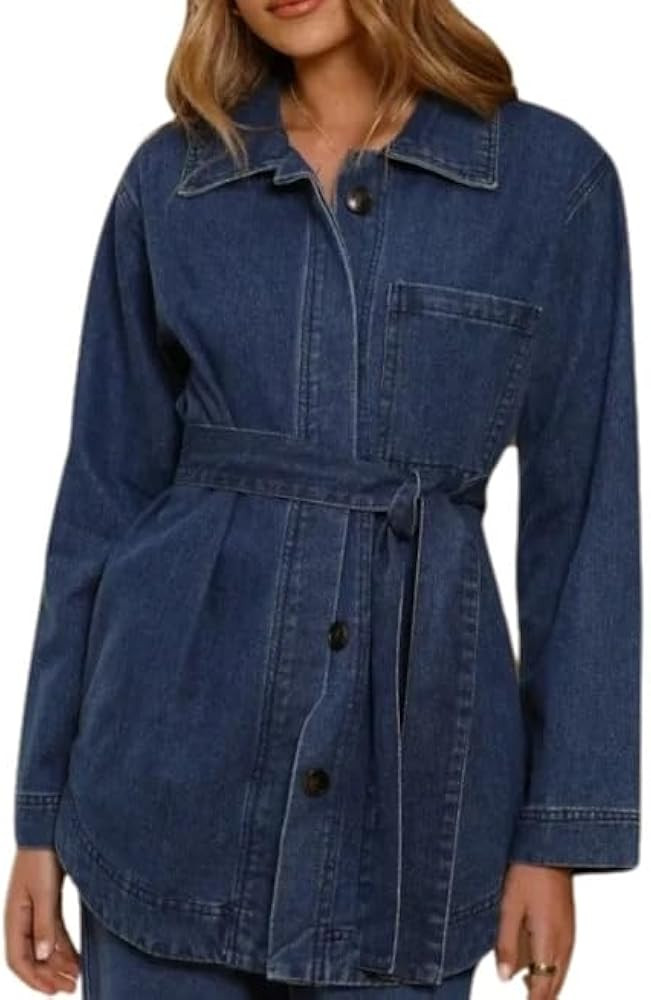 Denim Jacket for Women Jean Button Up Shirt Fall Denim Shacket with Tie | Amazon (US)