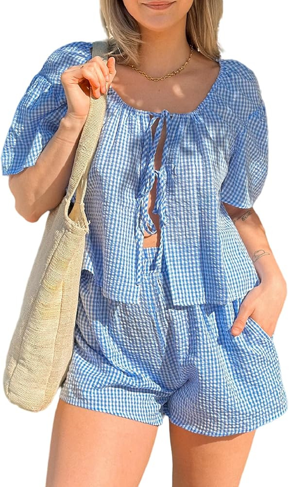 Women Plaid 2 Piece Pajama Shorts Set Tie Front Puff Sleeve Babydoll Shirt Gingham Shorts Pj Set ... | Amazon (US)
