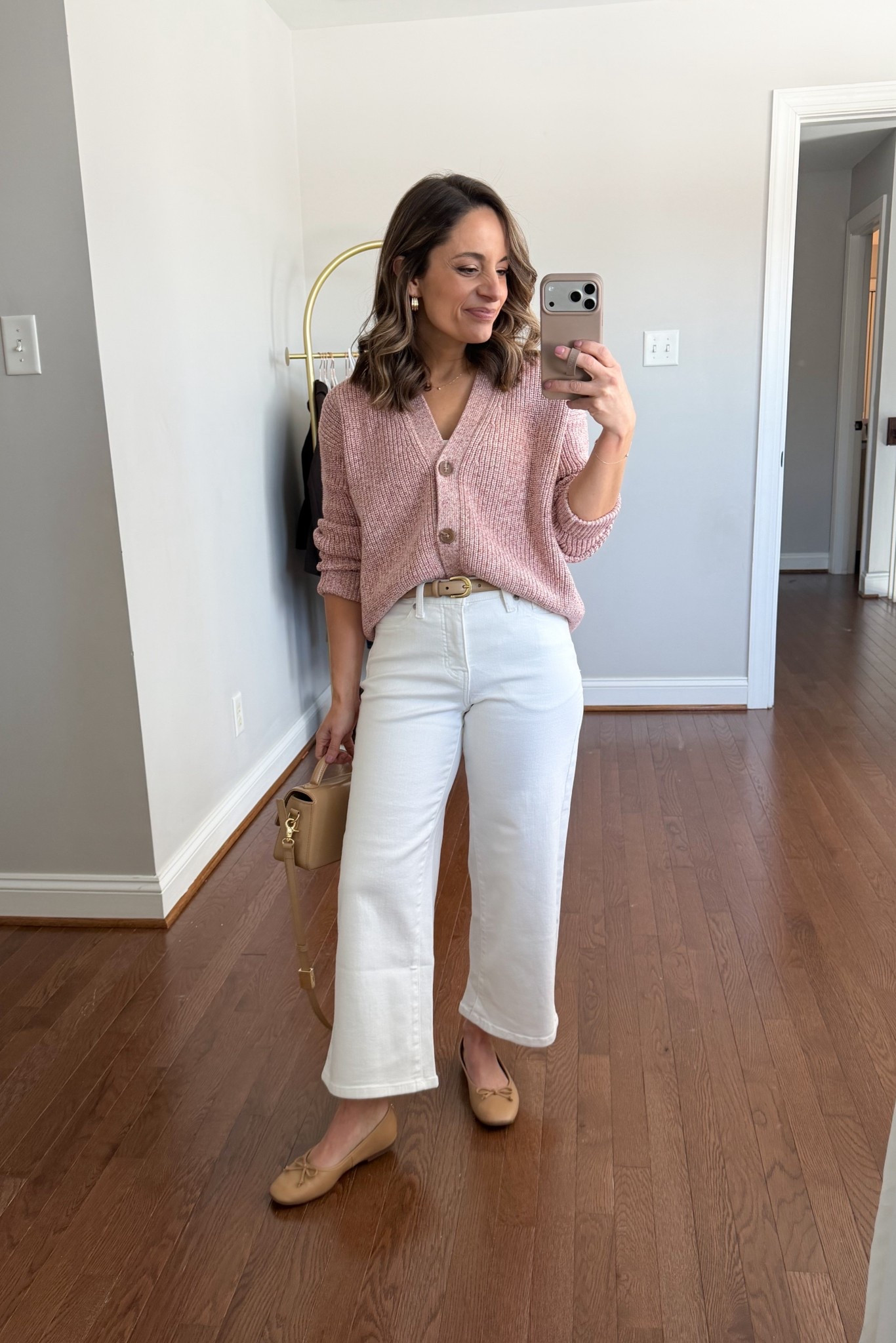 Early spring outfit idea! 

Sweater (Quince): xs 
Camisole (Pact): xs 
Jeans (BR Factory): petite 24 - 9.5” rise / 24” inseam 
Shoes (Sam Edelman): tts
Belt (Quince) 

My measurements for reference: I’m 4’10” and 105lbs. My bust, waist, and hip measurement is 32”, 24”, and 36”.