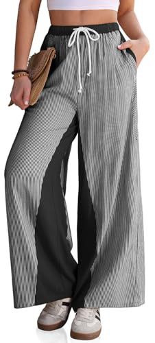 TARSE Women’s Linen Striped Wide Leg Pants with Pockets Black | Amazon (US)