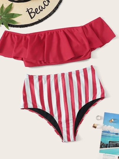 Floaty Bardot Top With Striped High Waist Bikini | SHEIN