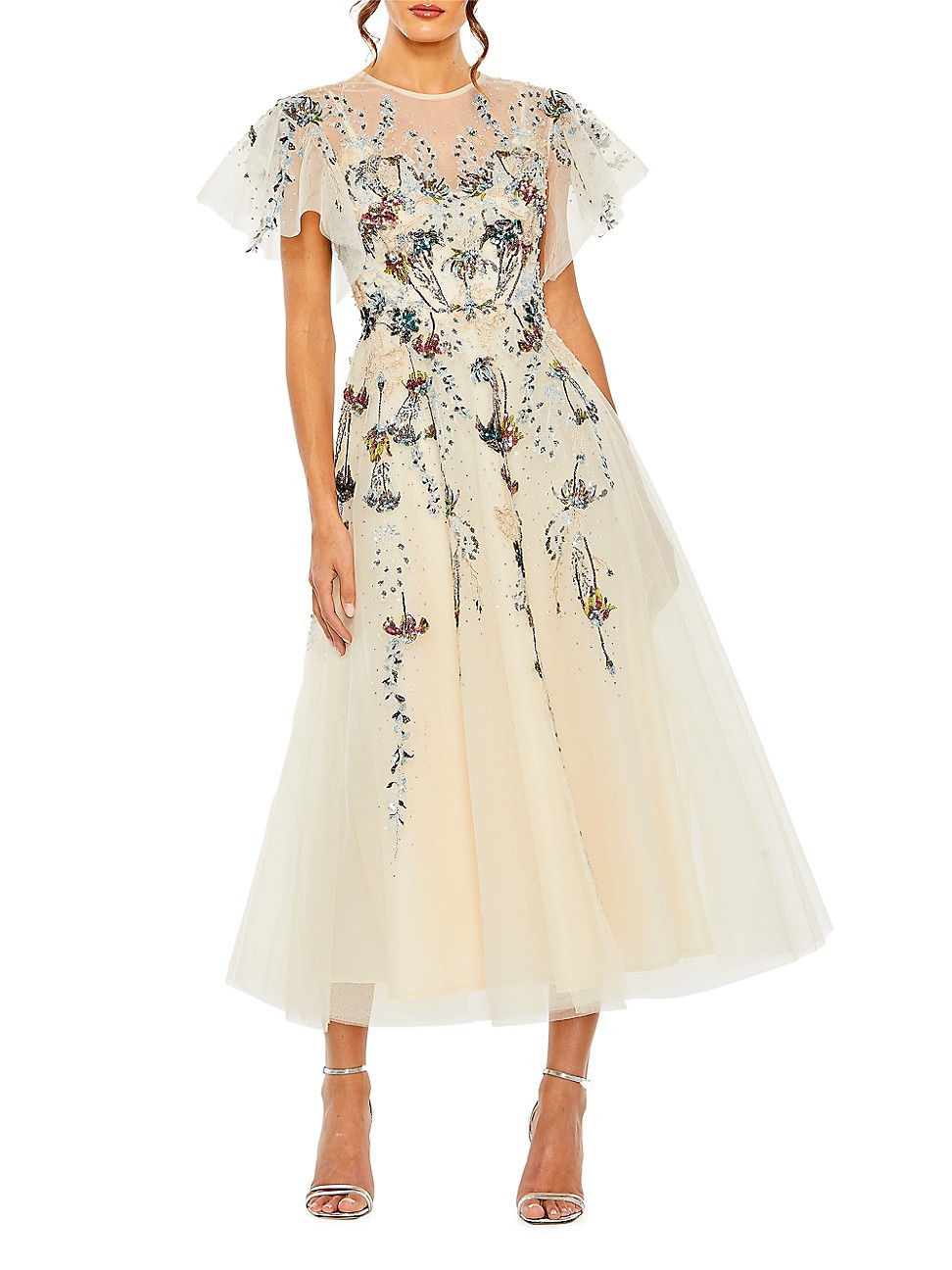 Women's Mac Embellished Floral Tulle Midi-Dress - Beige - Size 14 | Saks Fifth Avenue