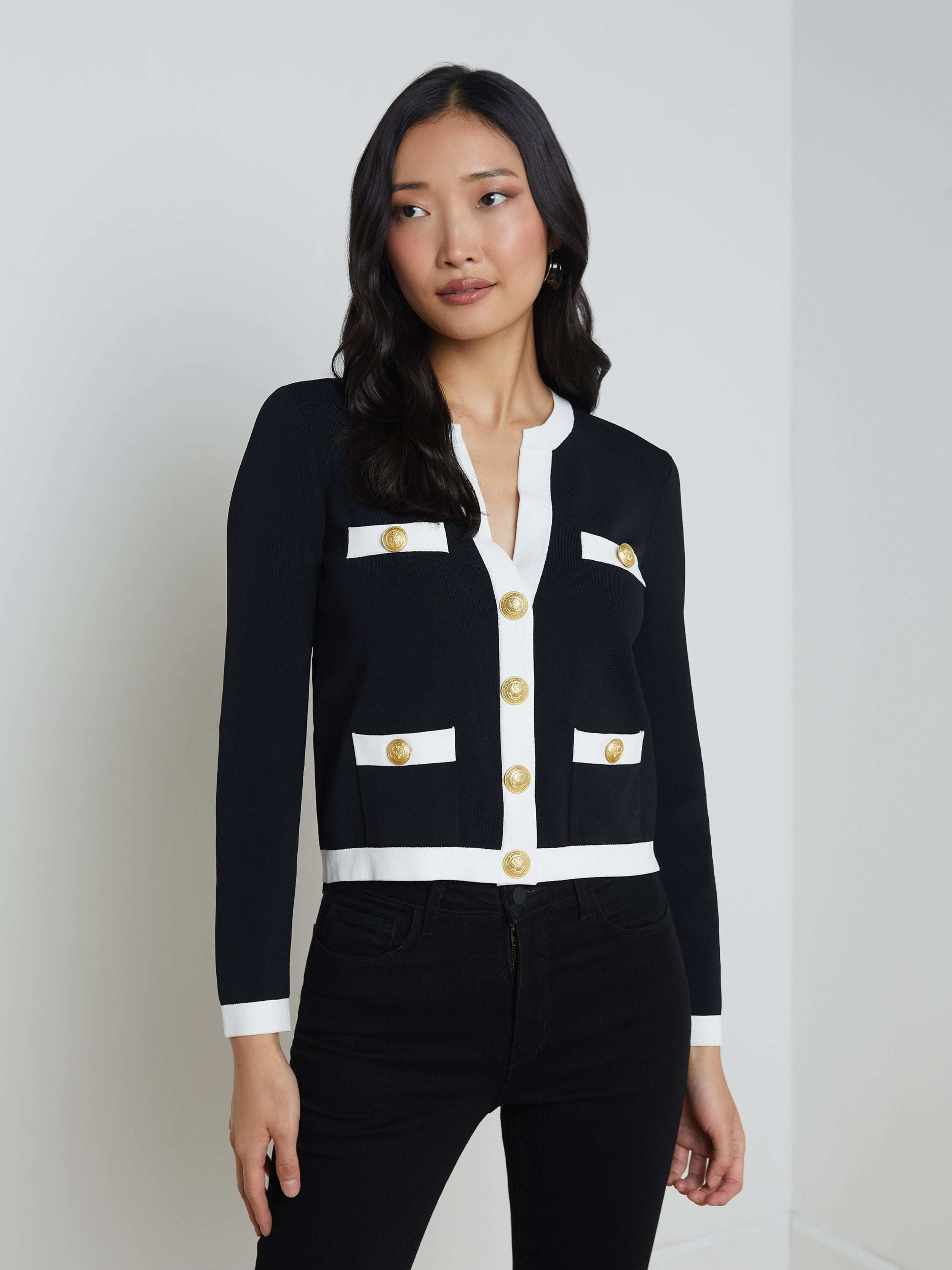 L'AGENCE - Estefania Contrast Trim Cardigan in Black/White | L'Agence