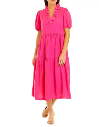 Women's Puff Sleeve Ruffled V-Neck Midi Dress | Belk