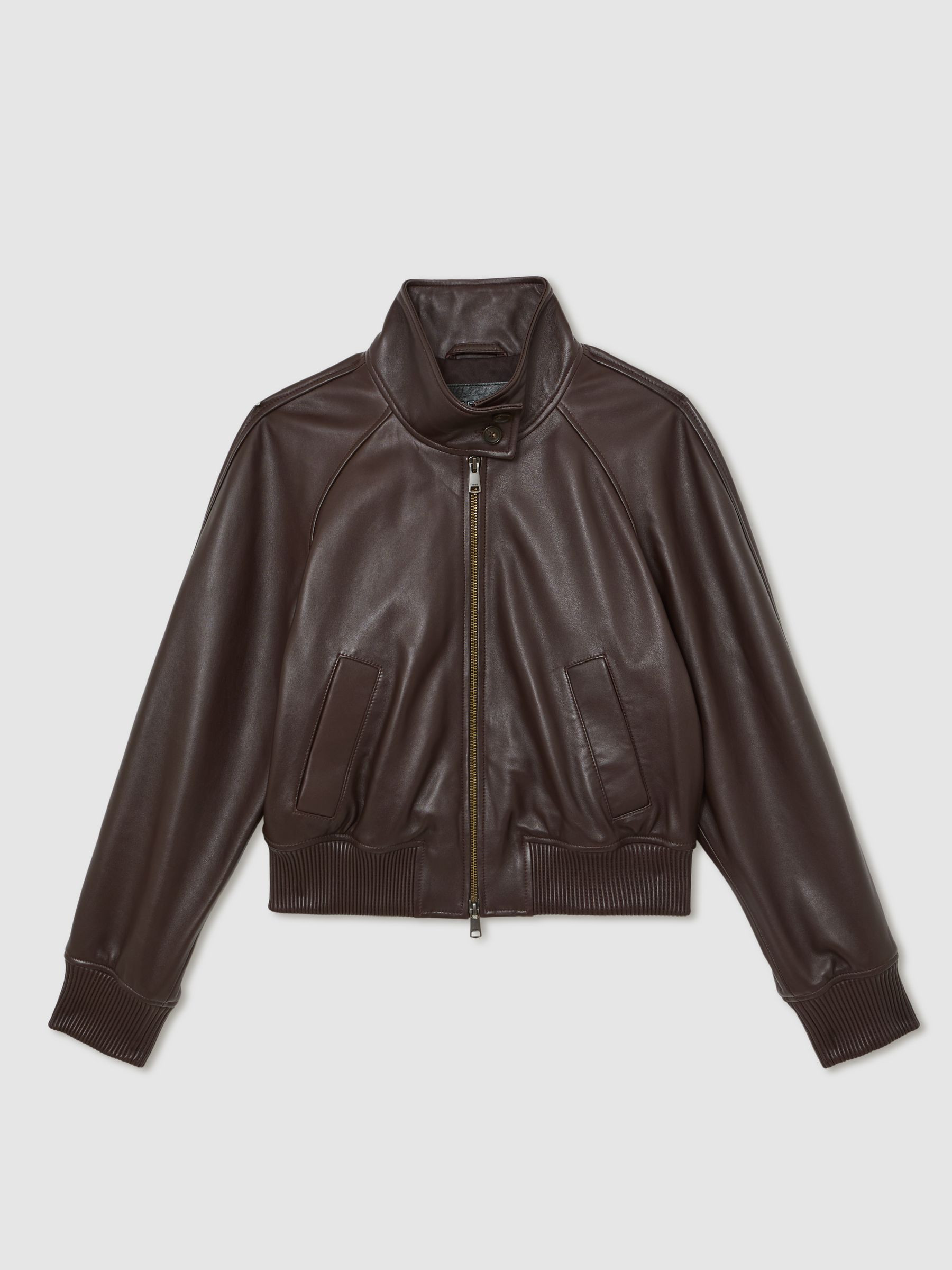 Leather Funnel-Neck Bomber Jacket in Chocolate Brown | Reiss US