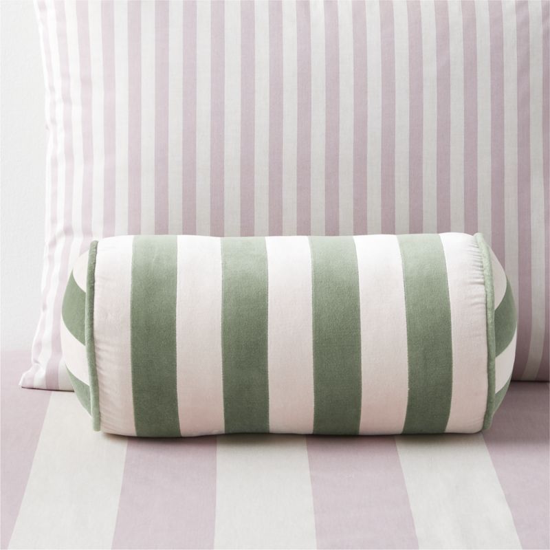 Rosy Lilac and Cyprus Green Harriet Stripe Velvet Kids Bolster Pillow + Reviews | Crate & Kids | Crate & Barrel