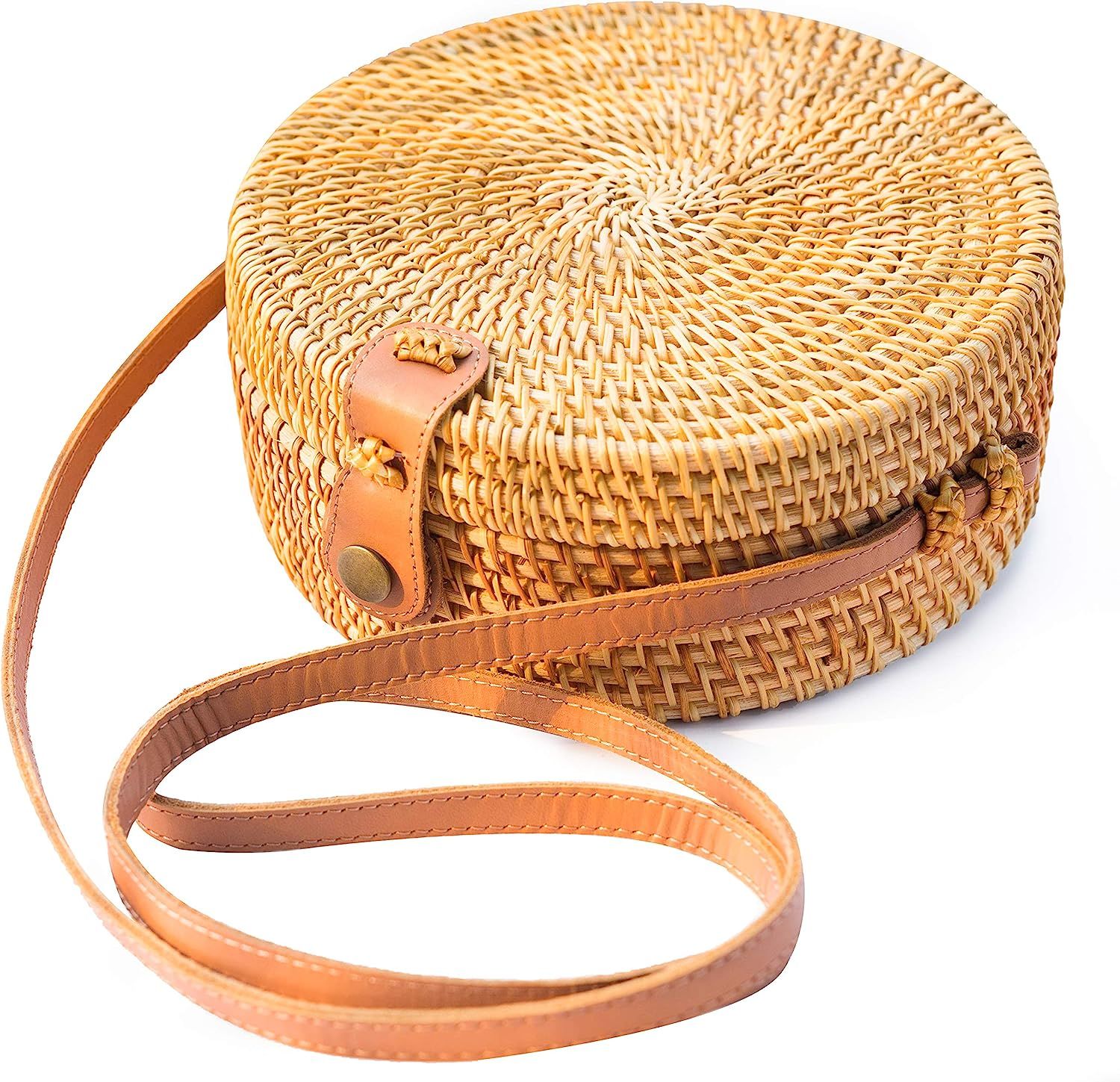 Handwoven Round Rattan Bag Shoulder Leather Straps Natural Chic Hand NATURAL NEO | Amazon (US)