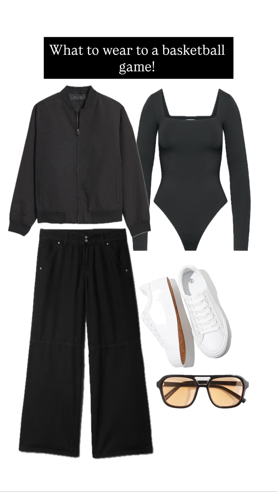 What to wear to a basketball game featuring a bomber jacket, baggy black denim jeans, long sleeved bodysuit and white sneakers 

#LTKootd #LTKMidsize #LTKSpringSale
