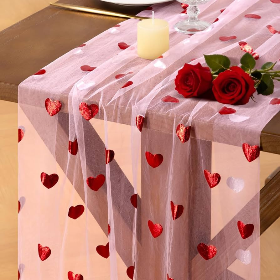Socomi Valentine's Day Red Heart Table Runner Gauze Sheer Romantic Sequin 10FT Glitter Metallic F... | Amazon (US)