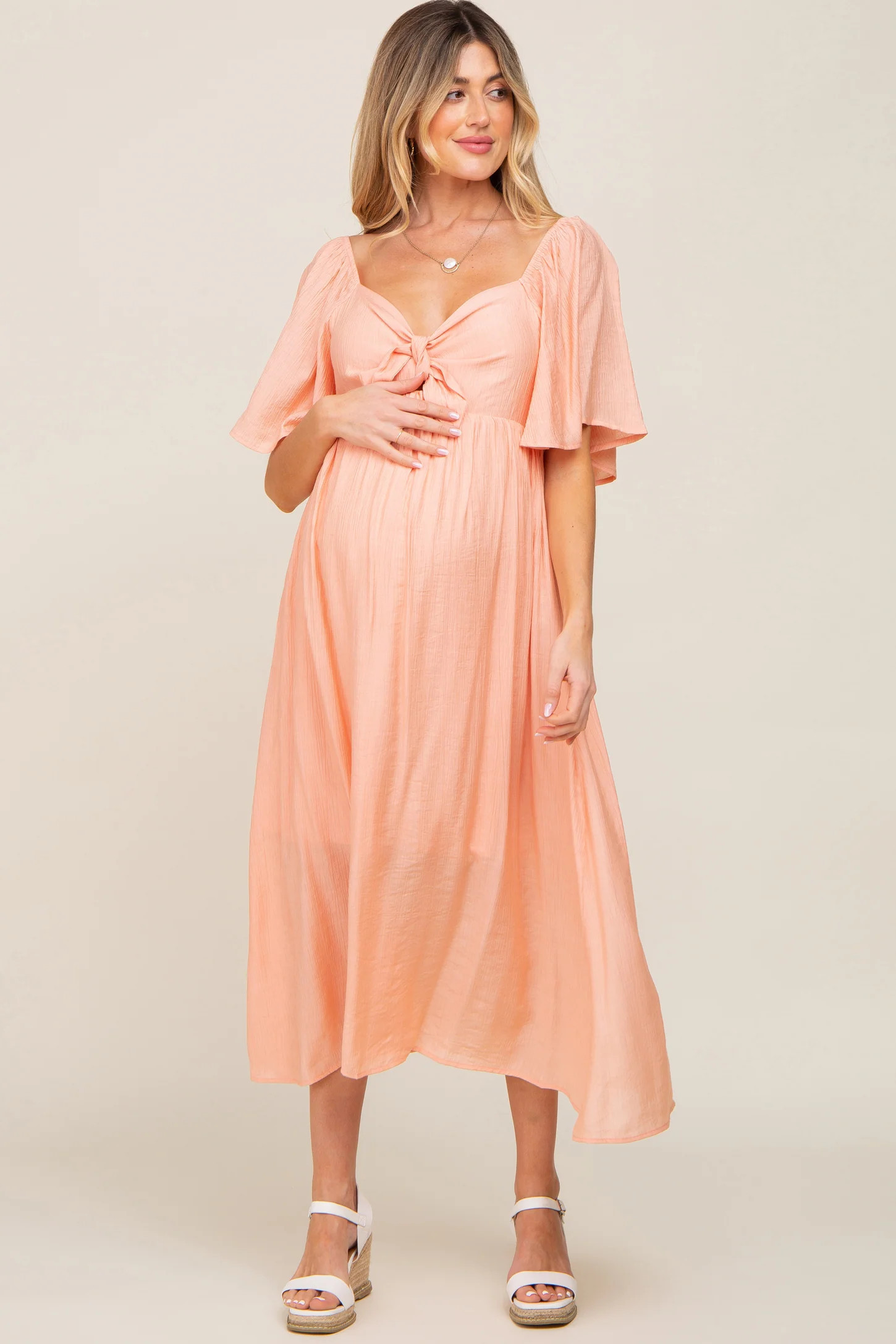 Beige Front Tie Ruffle Sleeve Maternity Midi Dress | PinkBlush Maternity