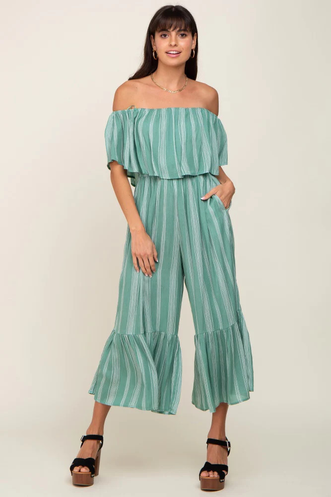 Green Striped Off Shoulder Jumpsuit | PinkBlush Maternity
