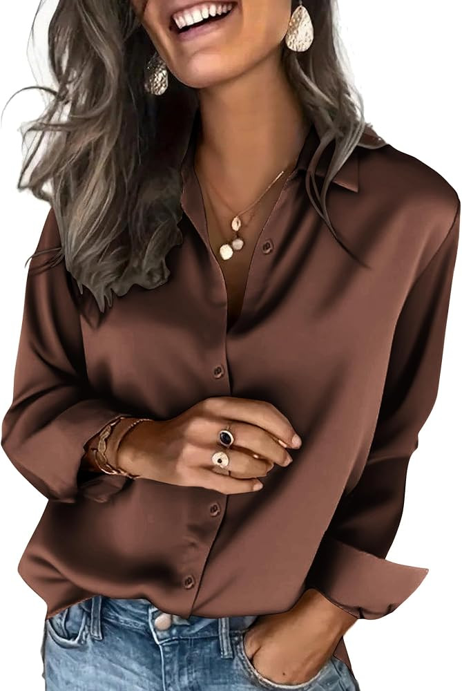 Zeagoo Satin Blouses for Women Silk Button Down Shirts Long Sleeve Tops | Amazon (US)