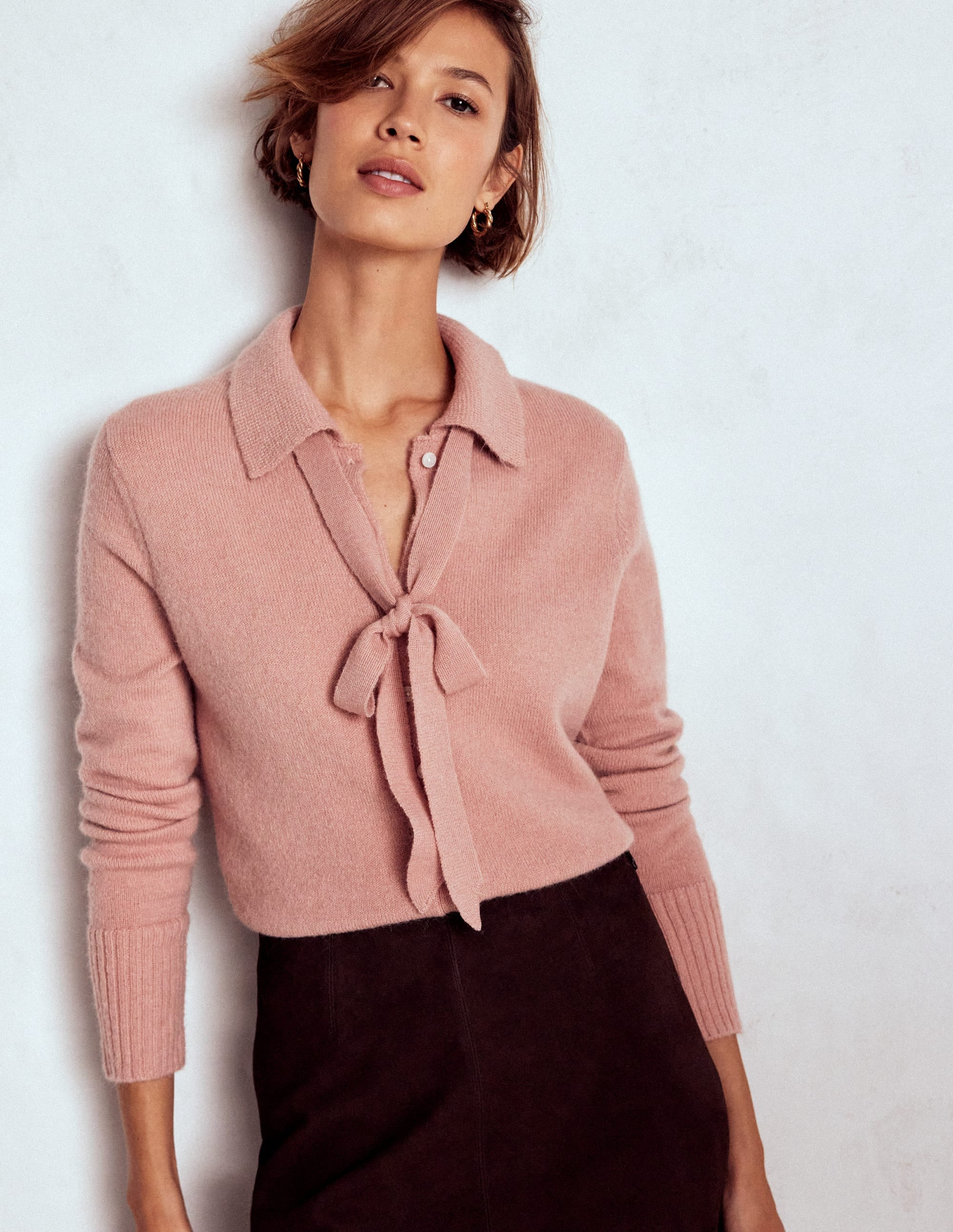 Collared Tie Front Cardigan-Misty Rose Pink | Boden (US)