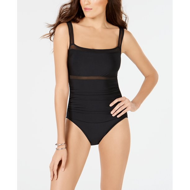 DKNY Womens Mesh Trimmed Ruched One-Piece Swimsuit Black 14 | Walmart (US)