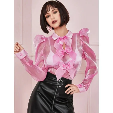 Women s Gigot Sleeve Bow Detail Sheer Organza Top Without Bra 2022 M(6) Pink Sexy F046D | Walmart (US)