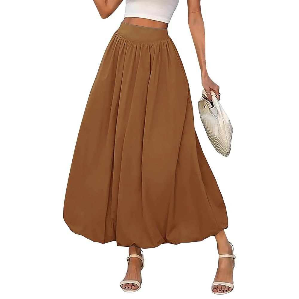 Women Y2k Bubble Maxi Skirt Summer Elastic Low Waist A Line Long Skirt Casual Fairy Ruffle Pleate... | Amazon (US)