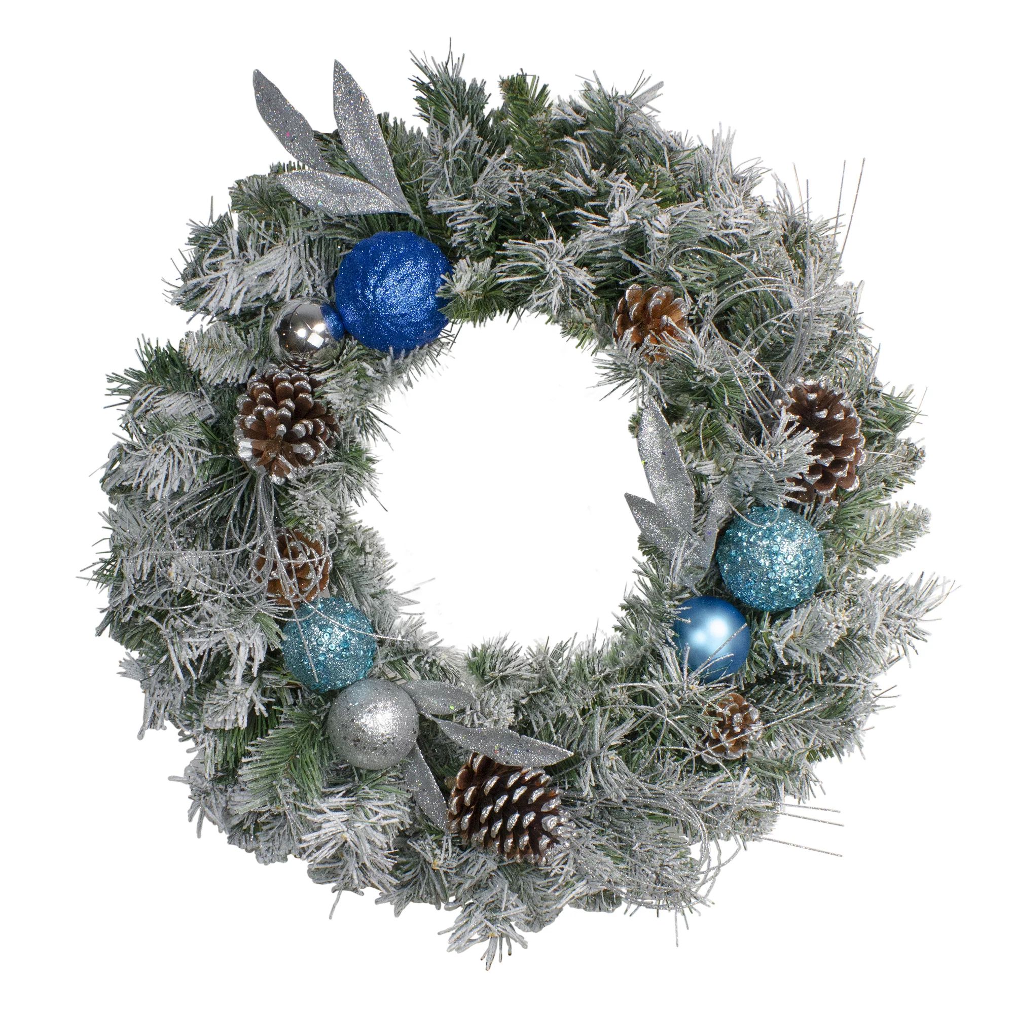 Northlight 24" Unlit Teal/Silver Ornaments Artificial Flocked Pine Christmas Wreath | Walmart (US)