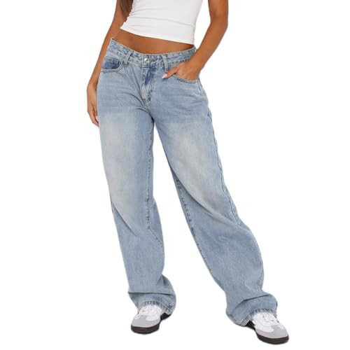 Women Jeans Low Rise Baggy Straight Wide Leg Jeans Vintage Casual Y2K Loose Boyfriend Denim Pants with Pockets (Light Blue, M) | Amazon (US)