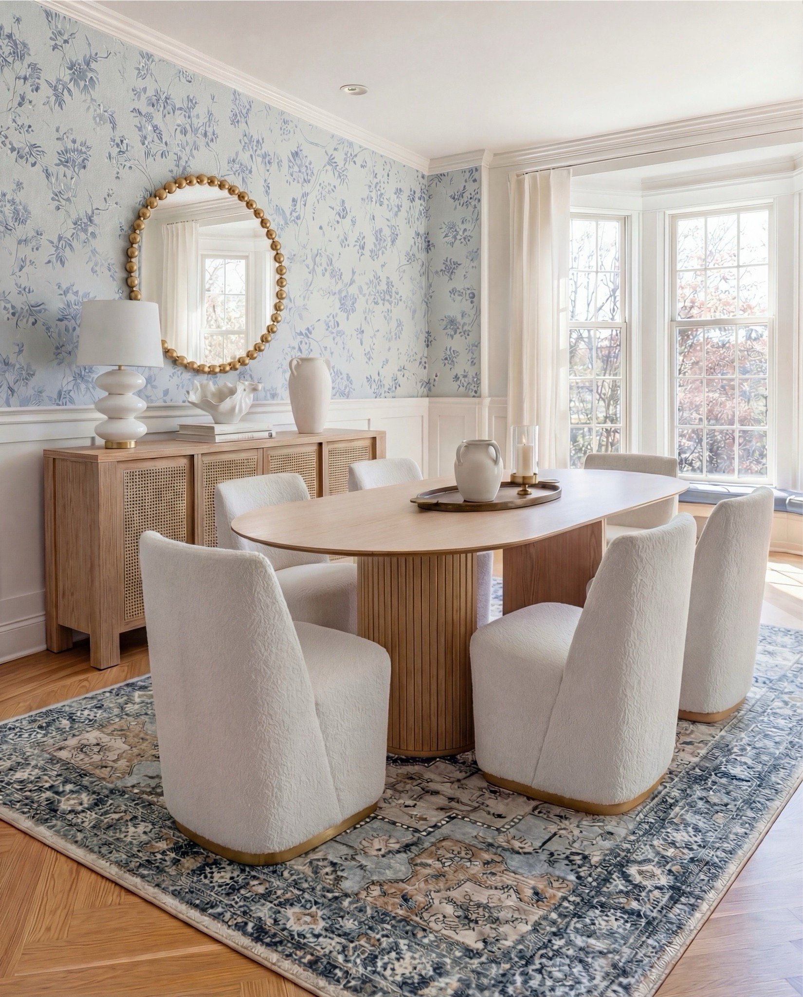 ✨ Shop the Look:
• Light oak fluted pedestal dining table
• Cream textured upholstered dining chairs with brass base
• Cane-front light oak sideboard
• Sculptural white stacked ceramic table lamp
• Oversized round brass ball mirror
• Matte white ceramic vases
• Glass hurricane candle holders
• Blue & taupe vintage-style rug
• Soft blue floral wallpaper

#LTKHome #LTKSaleAlert