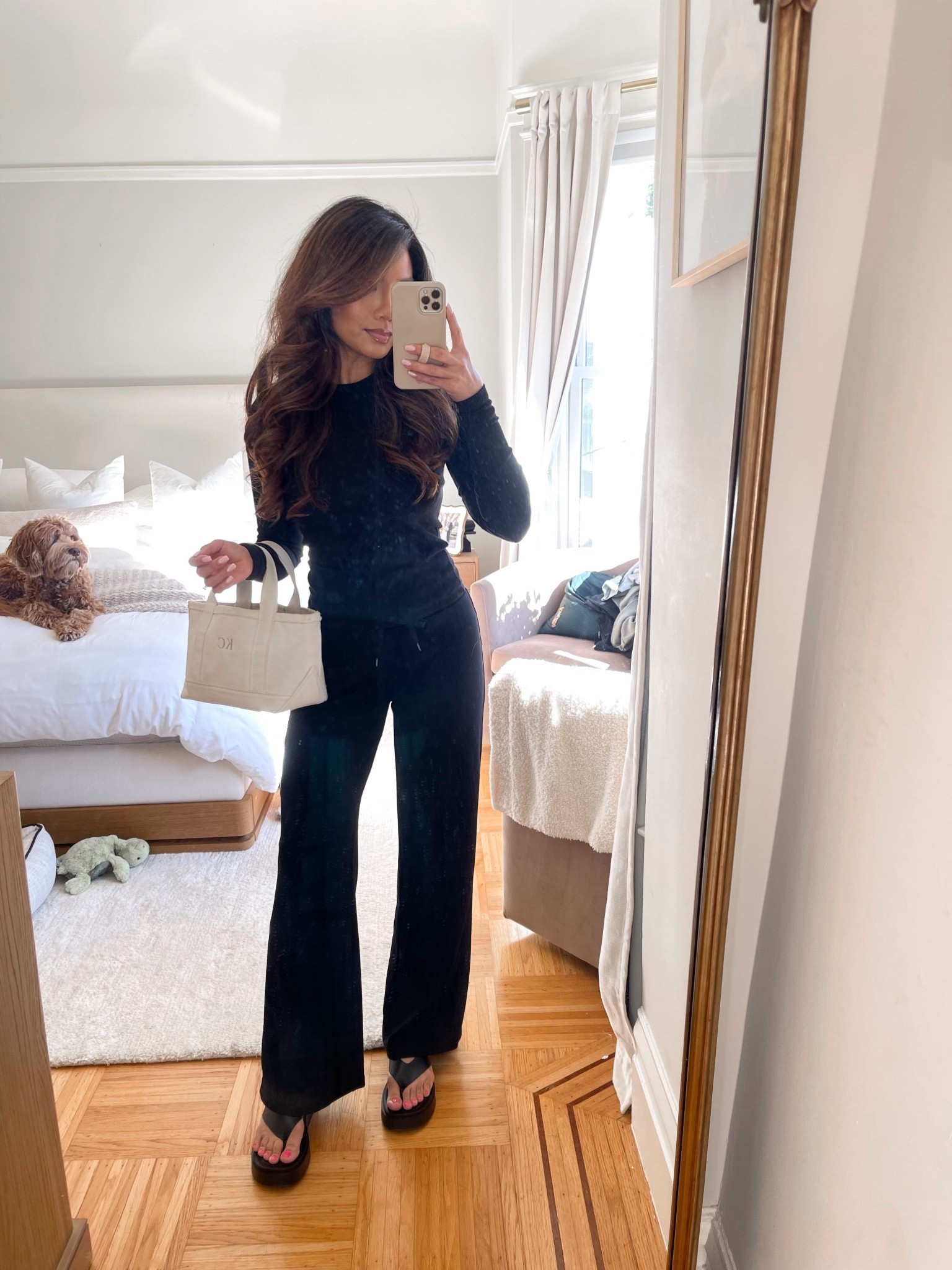 Comfy lounge set of the day! A matching lounge set always makes me feel put together :) boat and tote is mini size in natural with natural lettering

Sizing:
Top - tts, xs
Bottoms - tts, xs regular length works for me! I’m 5’2.5
Flip flops - tts 

#LTKFindsUnder100 #LTKPetite