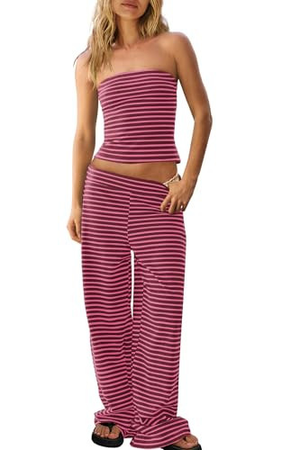 Panadila Womens Striped Two Piece Sets Summer Lounge Outfits Sailor Tube Top and Pants Matching Set Beach Vacation Travel Y2k (Burgundy Pink Combo,L) | Amazon (US)