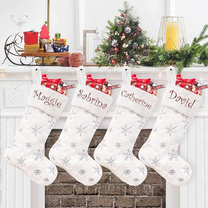 CARAKNOTS Personalized Christmas Stockings 1 Pack White Christmas Stockings for Family Kids Large... | Amazon (US)