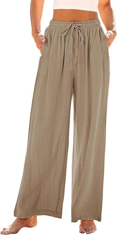 GRAPENT Wide Leg Pants Woman Linen High Waisted Pull On Flowy Casual Baggy Drawstring Palazzo Tro... | Amazon (US)
