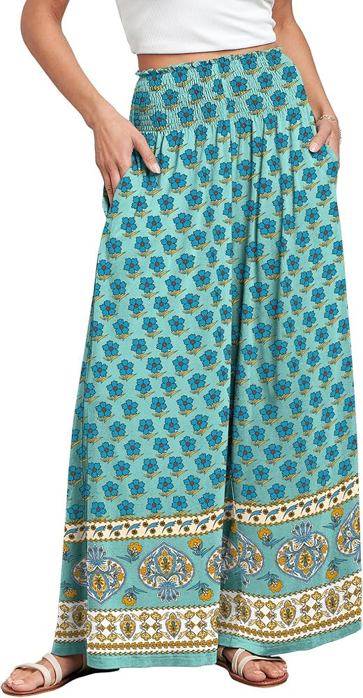 ANRABESS Women Palazzo Pants Summer Boho Bagyy Wide Leg High Smocked Waist Casual Loose Lounge Pa... | Amazon (US)