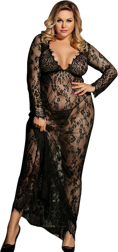 ohyeahlady Plus Size Long Lingerie Set for Womens Lace V Neck Mesh Sexy Nightdress Babydoll Sleep... | Amazon (US)