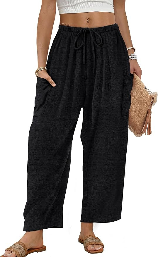 Sampeel Wide Leg Pants for Women Barrel Flowy Palazzo Elastic Waist Trousers with Pockets Summer ... | Amazon (US)