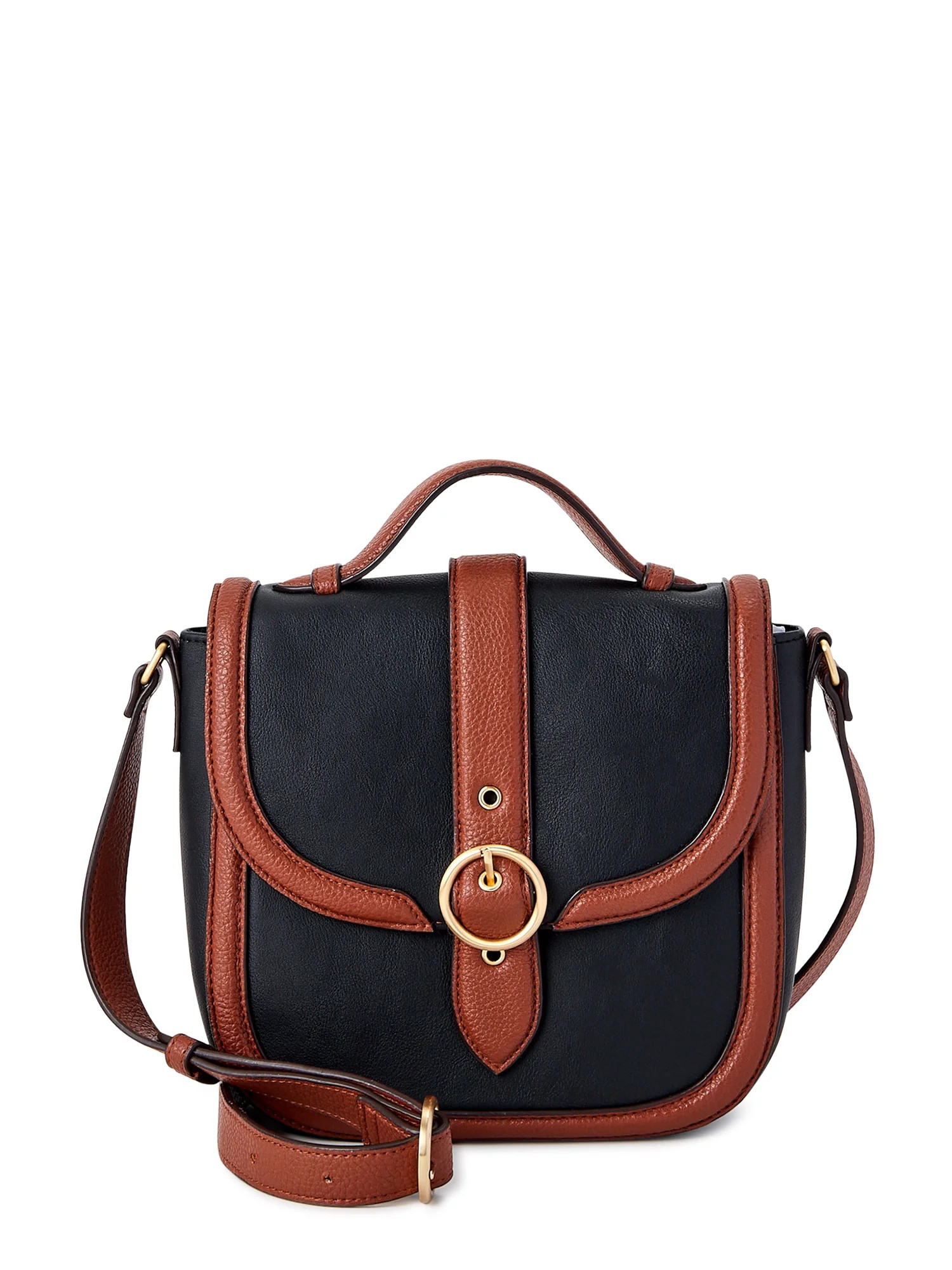 Time and Tru Women's Dana Flap Top Handle Crossbody Handbag Black and Cognac | Walmart (US)