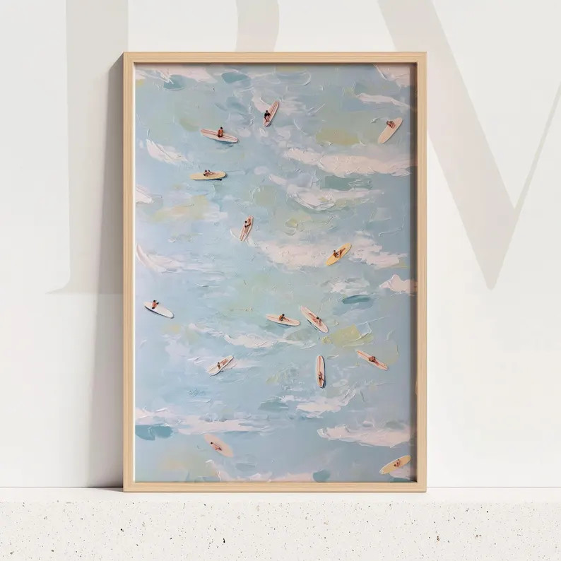 Aerial Surfers Art Print: Abstract Coastal Light Blue Ocean View With Mini Surfboards | Etsy (US)