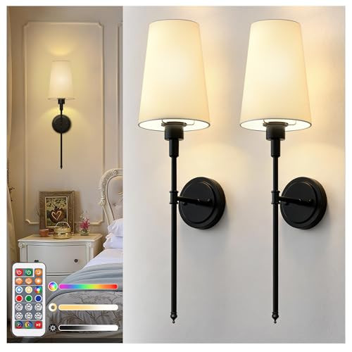 DORESshop Battery Operated Wall Sconce Set of 2, Wireless Wall Light Easy to Install, 15 Color Rechargeable Wall Sconces, Sconce Wall Decor Set of 2 for Bedroom, Living Room, Black, 27in | Amazon (US)