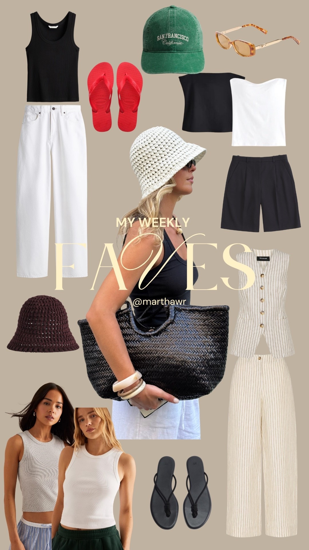 Capsule wardrobe, pin stripe linen, linen waistcoat, linen suit, crochet hat, tortoishell sunglasses, black woven bag, baggy white jeans, red flip flops, black Bermuda shorts, boob tube, bandeau tops, racer tank, black flip flops, green cap, summer favourites, summer edit, wardrobe staples

#LTKuk #LTKsummer #LTKautumn