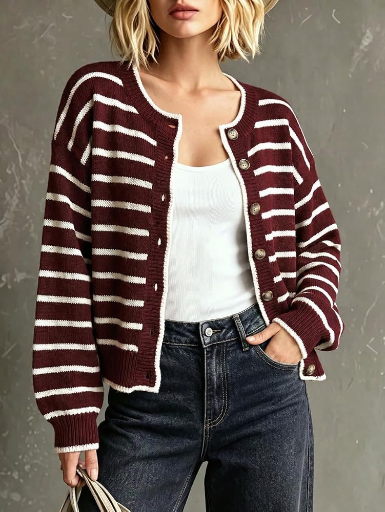 Chvity Women's Striped Contrast Trim Button Down Lantern Sleeve Cardigans | Amazon (US)
