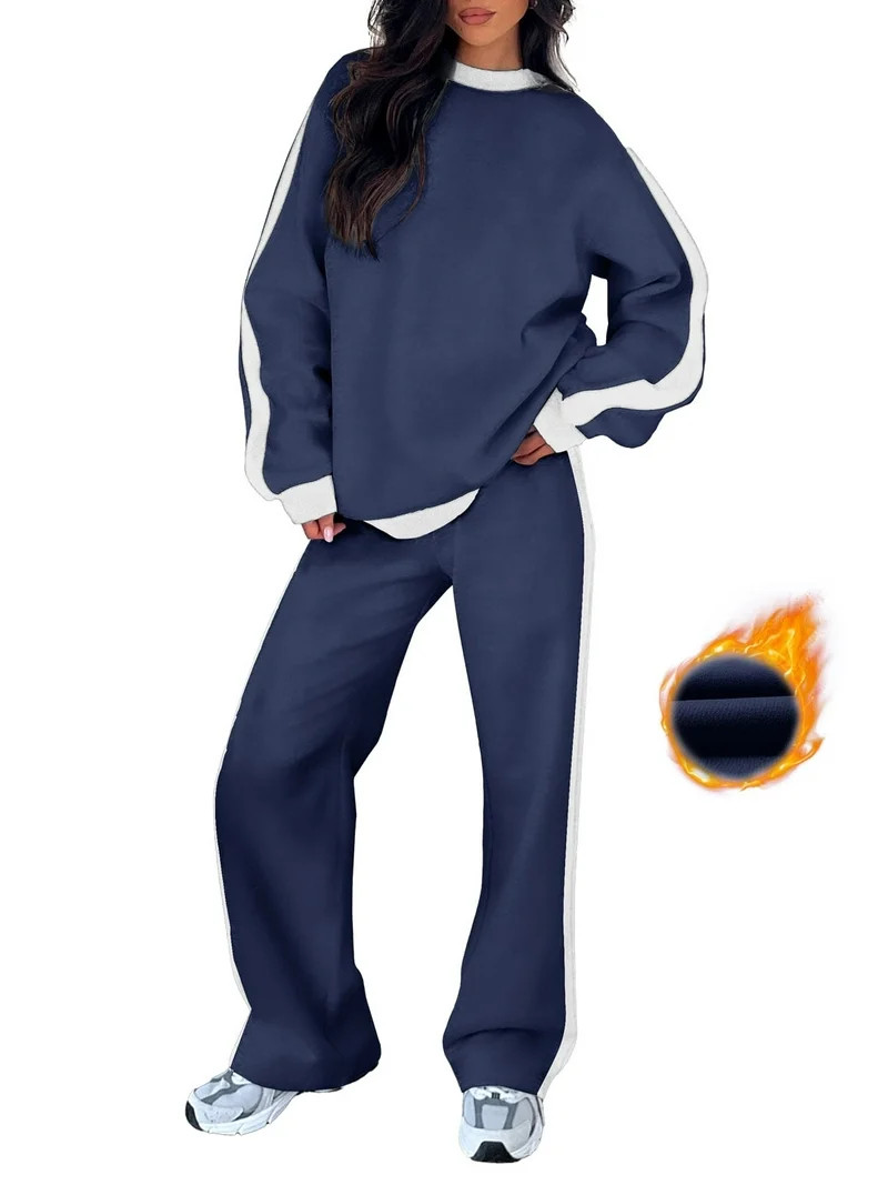 SHEWIN Womens Sweatsuits 2 Piece Set Fleece Lined Outfits Crew Neck Colorblock Long Sleeve Sweats... | Walmart (US)