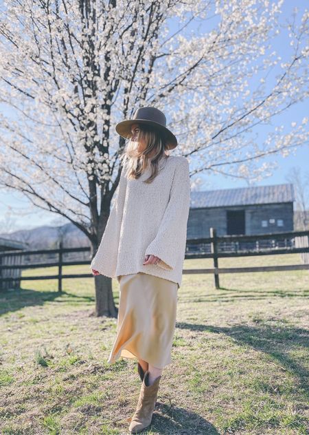 Spring outfit, silk midi skirt, western boots, neutral wool hat

#LTKunder100 #LTKstyletip #LTKshoecrush